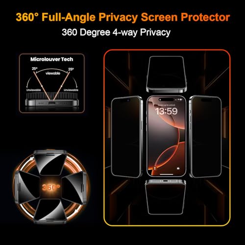 OneFish 2 Pack Privacy Screen Protector for iPhone 14 Pro Max - 4-Way 360° Anti-Spy Tempered Glass, 9H Hardness, 3D Curved Edges, Case-Friendly & Easy Installation - size: iPhone 14 Pro Max -6.7''