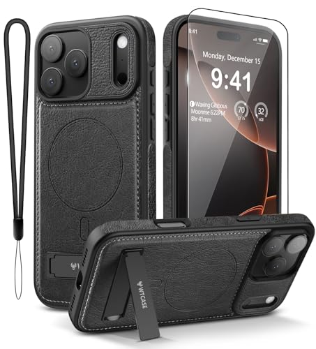 WTCASE Magnetic for iPhone 17 Pro Leather Case,Built-in Invisible Stand [Compatible with Magsafe] Protective Slim Kickstand Phone Cover for iPhone 17 Pro Case, Black - color: Black, size: iPhone 17 Pro