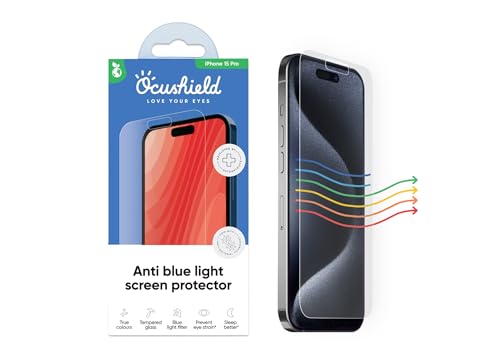 Ocushield Anti Blue Light Tempered Glass Screen Protector of for iPhone 15 Pro (6.1") – Blocks Blue Light, Prevents Eye Strain & Helps You Sleep Better, 9H Hardness & Case Friendly | Fits 6.1 inch display. 9H tempered glass blocks UV & blue light. Anti-ba