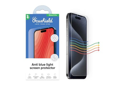 Ocushield Anti Blue Light Tempered Glass Screen Protector of for iPhone 15 Pro (6.1") – Blocks Blue Light, Prevents Eye Strain & Helps You Sleep Better, 9H Hardness & Case Friendly | Fits 6.1 inch display. 9H tempered glass blocks UV & blue light. Anti-ba