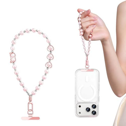 Beaded Phone Charm - Detachable Anti Theft Wrist Strap for Women - Phone Chain Wristlet - Fits iPhone Samsung Pixel - color: Rose Gold