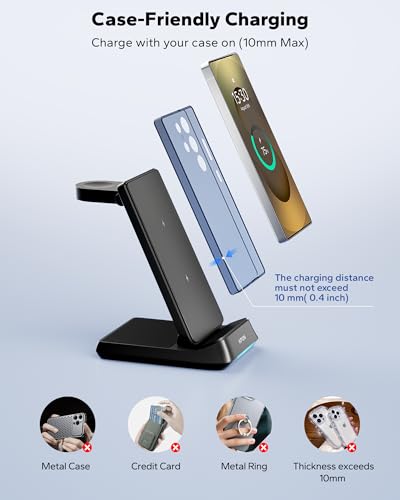 KPON 3 in 1 Charging Station for Samsung, Wireless Charger for Thick Cases, Foldable Phone and Watch Charger Stand for Galaxy S26/S25/S25 Ultra/S24/Android Devices, Galaxy Watch Not for watch9/ultra2