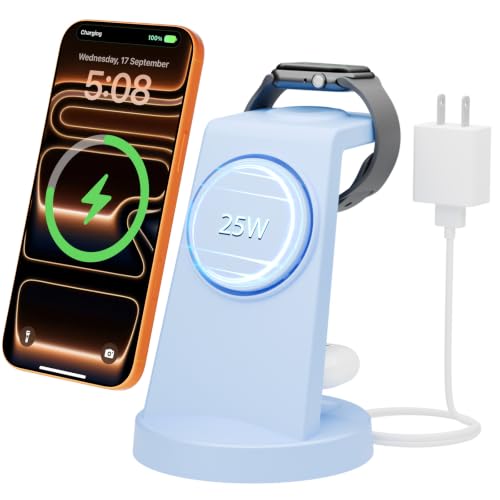 25W MagSafe Charging Station, 3-in-1 Magnetic Wireless Charger for Apple - color: Blue