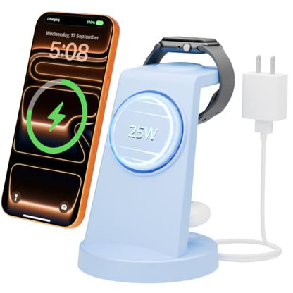 25W MagSafe Charging Station, 3-in-1 Magnetic Wireless Charger for Apple - color: Blue