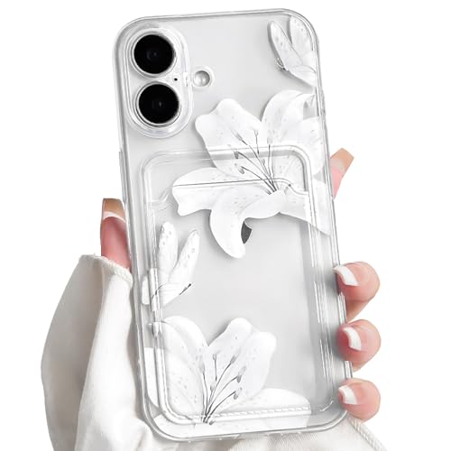 NITITOP Compatible with iPhone 16 Case with Card Holder Clear Cute Floral Lily Flowers Butterfly for Women Girls Soft TPU Shockproof Wallet Case Protective Phone Cover - White - color: White, size: iPhone 16