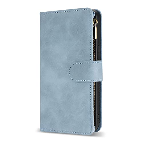 ZZXX iPhone 14 Case Wallet with [RFID Blocking] Card Slot Premium Soft PU Leather Zipper Flip Folio with Wrist Strap Kickstand Protective Phone Cover for iPhone 14 Wallet Case(Light Blue-6.1 inch) - color: Light Blue, size: iPhone 14