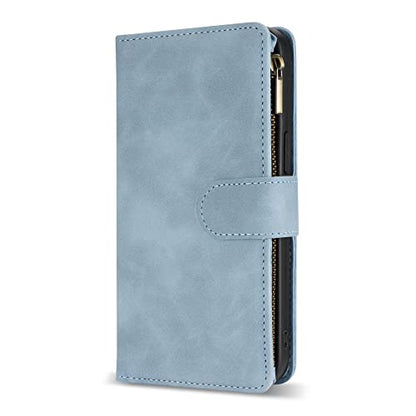 ZZXX iPhone 14 Case Wallet with [RFID Blocking] Card Slot Premium Soft PU Leather Zipper Flip Folio with Wrist Strap Kickstand Protective Phone Cover for iPhone 14 Wallet Case(Light Blue-6.1 inch) - color: Light Blue, size: iPhone 14