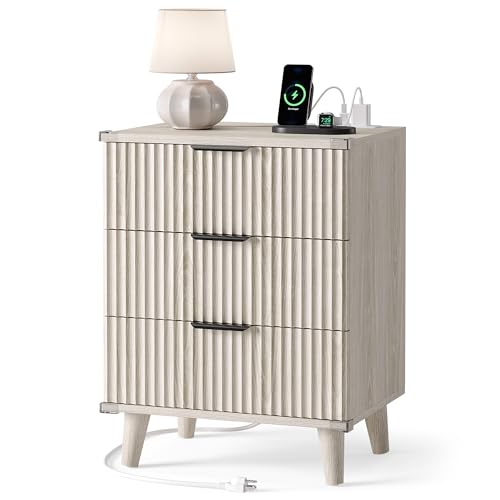 Lulive Wood Bedside Table w/Charging Station, 3 Drawers Fluted Dresser - color: Grey White, size: 3 Drawers-Set of 1 Nightstand