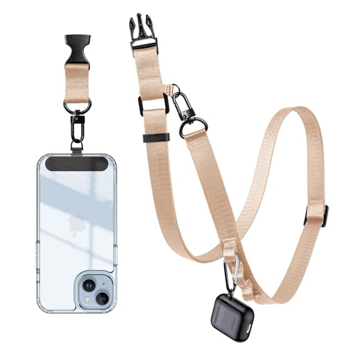 Cell Phone Lanyard Crossbody - Adjustable Nylon Strap Grey, Anti-Theft Lock Hook, Universal Fit (4-7" Screens) - color: Beige