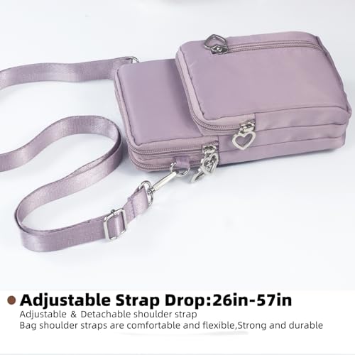Small Crossbody Bag for Women, Multi Zip Pockets Nylon Wallet Purse Credit Card Holder with Detachable Hand Strap - color: Lightpurple