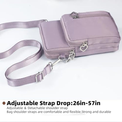 Small Crossbody Bag for Women, Multi Zip Pockets Nylon Wallet Purse Credit Card Holder with Detachable Hand Strap - color: Lightpurple
