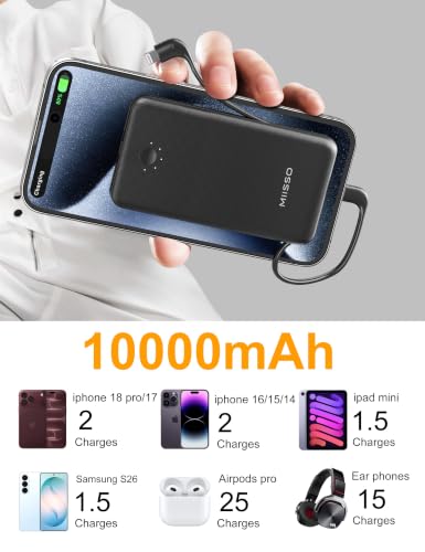Ultra Slim 10000mAh Power Bank, Built-in Cables and AC Wall Plug, Black
