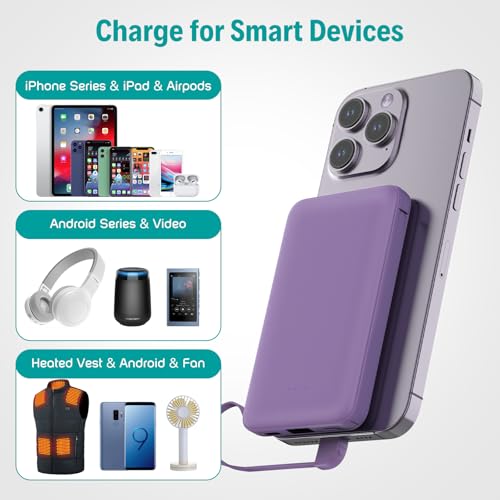 Sethruki Smallest Portable Charger with Built-in Cables 5000mAh,Ultra Slim Power Bank,Mini High Speed External Battery Packs,Lightweight USB C Phone Charger for iPhone Samsung Google Android (Purple) - color: purple