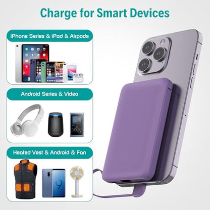Sethruki Smallest Portable Charger with Built-in Cables 5000mAh,Ultra Slim Power Bank,Mini High Speed External Battery Packs,Lightweight USB C Phone Charger for iPhone Samsung Google Android (Purple) - color: purple