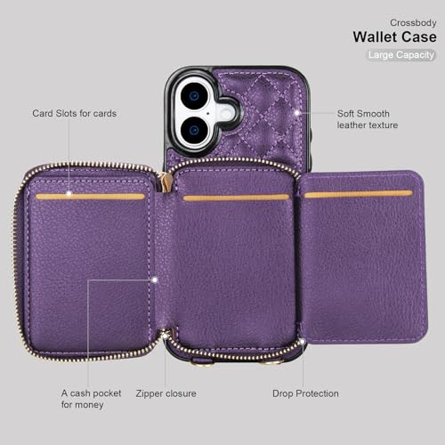 Bocasal Crossbody Wallet Case Card Holder for iPhone 17, Dark Purple | RFID Blocking PU Leather Zipper Handbag Purse, Kickstand Flip Folio Case with Card Slots Holder Wrist Strap Lanyard 6.3 Inch - color: Dark Purple