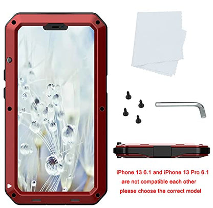 for iPhone 13 Case, 360 Full Body Protective Cover Heavy Duty Shockproof Tough Armour Aluminum Alloy Metal Case with Silicone Built-in Screen Protector for Apple iPhone 13 6.1 Inch - Red - color: Red