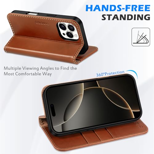 SHIELDON Real Leather Case Wallet for iPhone 16 Pro Max 6.9", Retro Brown | Flip Magnetic Cover, RFID Blocking, Credit Card Holder, Kickstand, Book Design, Shock-Absorbent Phone Cover - color: Retro Brown