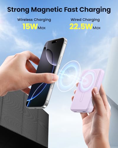 for Magsafe Battery Pack 12000mAh Magnetic Power Bank Portable Charger USB C 20W Fast Charging Wireless Charger Travel Essential for iPhone 16/15/14/13/12 Series Purple | PD 22.5W Fast Charging, USB C in&Out Wireless Battery Pack Phone Charger for iPhone