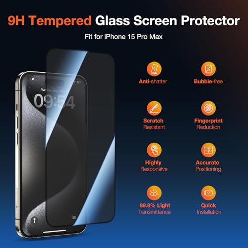 KUZOOM 2Pack Privacy Tempered Glass Screen Protector for iPhone 15 Pro Max - color: Black 15Pro Max