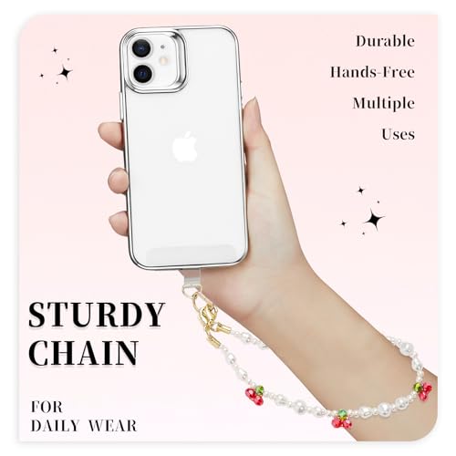 Phone Charm Wrist Strap Pearl Beaded Chain Detachable Lanyard Hand Wristlet Fashion Accessories Finger Grip Anti-drop with 3 Tether Tab for Women Girl Universal for iPhone 16 Pro Max 15 Sweet Cherries - color: Pearl Cherries