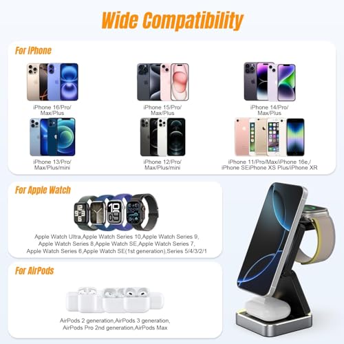 Wireless Charging Station 3 in 1 for Apple Devices, Foldable Magnetic MagSafe Charger Stand, Portable Fast Travel Charger for iPhone Duo/18 Pro Max/17 Air/16/15/14/13/12/11/Apple Watch Series/Airpods