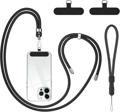 takyu Cell Phone Lanyard, Crossbody Phone Lanyard 1 Pack Adjustable Neck Strap and 1 Pcs Phone Wrist Strap with 2x Phone Tether Patches for Most Smartphones-Black - color: Black X1