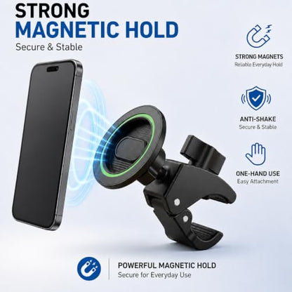 Heavy Duty Magnetic Phone Mount for Gym & Spin Bikes, N52 Clamp for Peloton/Treadmill/Stroller/Golf Cart, 360° Rotatable, Compatible with MagSafe iPhone 12-17 - color: green