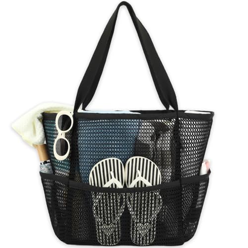 GYEUKHAM Mesh Beach Bag for Women, Sand-Resistant Pool Tote, 9 Pockets (1 Inner Zip), Foldable Family Travel Essentials - color: 6 Pockets-black