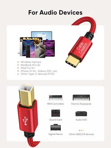 CableCreation USB B to USB C 6.6FT Printer Cable, MIDI Cable to USB C - color: Red, size: 6.6FT
