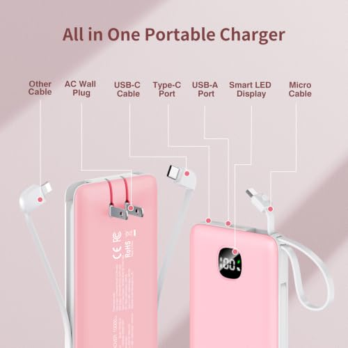 Portable Charger 10000mAh 22.5W Power Bank,Built-in 3 Cables & AC Wall Plug - color: Pink