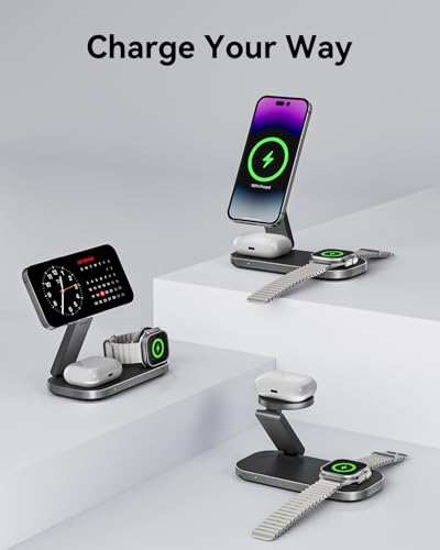 3-in-1 Charging Station for Apple Device, Qi2 25W Certified Magnetic Wireless Fast Charger Stand Compatible with MagSafe for iPhone 18/17/16/15/14/13/12/Air/Duo Series, Apple Watch & AirPods - color: MatteBlack