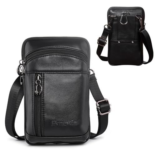 Genuine Leather Crossbody Bag for Men/Women, Small Messenger Bag Cell Phone Purse Shoulder Holster Passport Pouch - color: Black