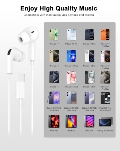 2 Pack [Apple MFi Certified] Wired USB C Headphones for iPhone 17 16 15 - color: Bright White