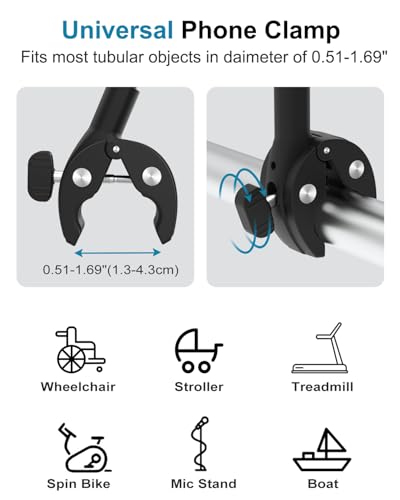Gooseneck Phone Holder Mount for Wheelchair/Stroller/Boat/Treadmill/Spin Bike/Mic Stand, Cell Phone Handlebar Clamp with Adjustable Arm for iPhone 16 Pro Max, Galaxy, All 4-7" Smartphone
