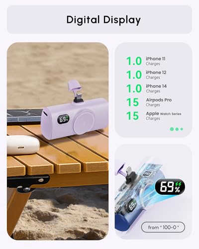 Little Portable Charger Battery Pack for IPhone,Tiny Power Phone Bank 5000mah Compatible with iPhone 14/14plus/14pro/14 pro max/13 pro max/13 pro/13 mini/13 pro max/12/12 mini/12 pro/12 pro max-Purple - color: Purple