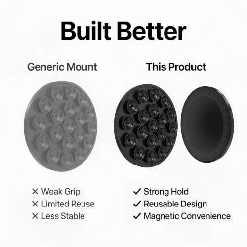 Magnetic Suction Phone Mount - Black Silicone Holder with Strong Suction for iPhone & Android - Versatile Use on Mirror, Glass, Car & Gym