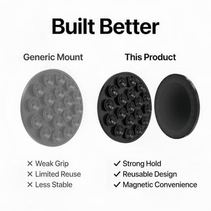 Magnetic Suction Phone Mount - Black Silicone Holder with Strong Suction for iPhone & Android - Versatile Use on Mirror, Glass, Car & Gym