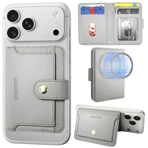 ONETOP for MagSafe Wallet,Magnetic Phone Wallet with 5 Card Slots,Grey | 1-12 Cards/Cash Holder for iPhone 17/16/15/14/13/12 Series,Detachable Wallet Stick-On Back,PU Leather RFID Blocking Kickstand - color: Grey