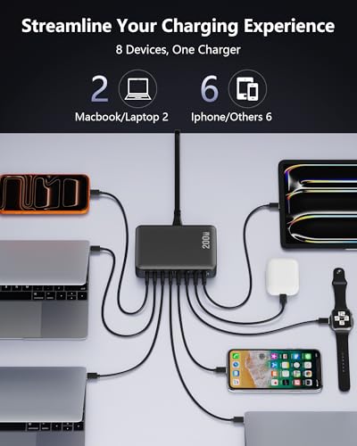 200W USB C Charging Station, 8-Port GaN Desktop Charger Block with PD 65W - color: Black, size: 200W