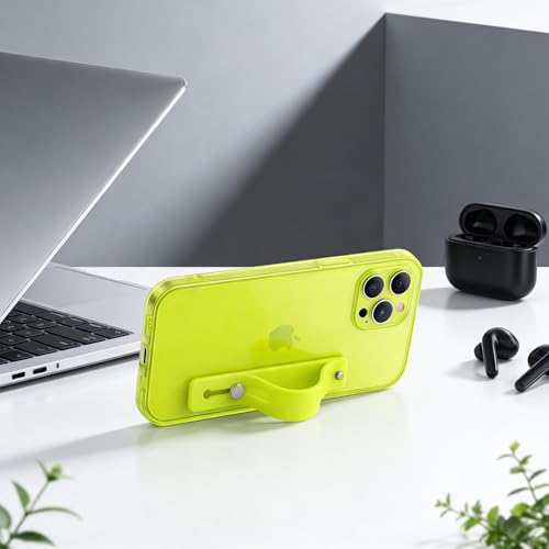 Strap Case for iPhone 13 Pro Max with Stand, Neon Green | Wrist Strap Kickstand, Adjustable Finger Hand Grip Loop, Slim Transparent Anti-Scratch Back, Soft Bumper Phone Cover - color: Neon Green, size: iPhone 13 Pro Max