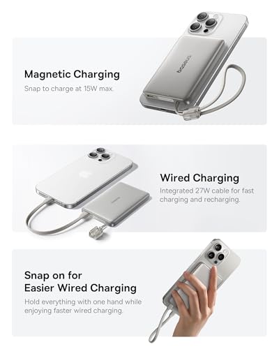 Baseus Picogo Qi2 15W Magsafe Portable Charger, 0.5" Ultra Slim 10000mAh Wireless Power Bank with 27W Built-in USB-C Cable, Magnetic Battery Pack for iPhone 17 Pro Max/17 Pro/Air/16/15/14/13/12 | 10000mAh Wireless Power Bank, 27W Fast Charging Magnetic Ba