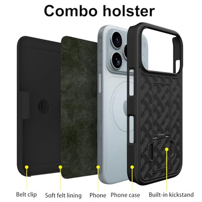 for iPhone 17 Pro Belt Clip Holster Case, Screen Protector-Black | Camera Lens Protector, Swivel Stand Holder, Slim Shell Shell Pouch Full Body Protective, Rugged Drop Defense Cell Phone Cover - size: iPhone 17 Pro