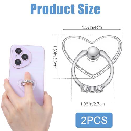 2 Pack Cell Phone Finger Ring Stand with Sparkly Diamond, Heart Clear Phone Grip, Transparent Adjustable Anti Drop Heart Shape Ring Holder 360° Rotation Finger Stand for Smartphones and Tablets