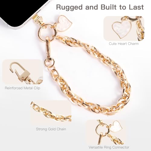 Long Pond Designer Cell Phone Wrist Strap, Anti-Lost Lanyard Wristlet Charm for iPhone 17 Pro Max&Most Cellphones, Detachable Bracelet - style: Gold Chain Bracelet