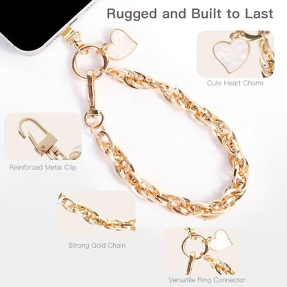 Long Pond Designer Cell Phone Wrist Strap, Anti-Lost Lanyard Wristlet Charm for iPhone 17 Pro Max&Most Cellphones, Detachable Bracelet - style: Gold Chain Bracelet