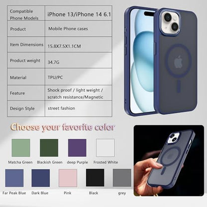 Magnetic iPhone 14/13 case,Compatible with Magsafe, Military-Grade Protection,Slim Translucent Matte Shockproof with Anti-Scratch Anti-Fingerprint Phone Cover (Dark Blue, iPhone 14/13) - color: Dark Blue, size: iPhone 14/13