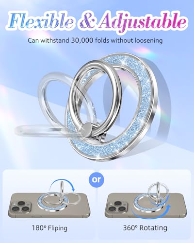 Phone Ring Holder Compatible with MagSafe - Magnetic Cell Phone Grip for Women Cute Magnet Removable Finger Ring Grip Stand Glitter Sparkle for iPhone 17 16 15 14 13 Pro Max Plus, Blue - color: Blue