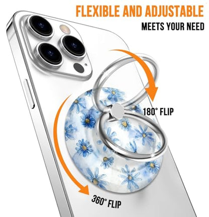 Magnetic Phone Ring Holder for MagSafe,360 Degree Rotation Magnet Cell Phone Grip Blue Daisy Design Stand Finger Ring Kickstand for Smartphone