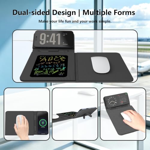Foldable Travel Mouse Pad with 15W Qi Wireless Charger & Writing Tablet - color: Black