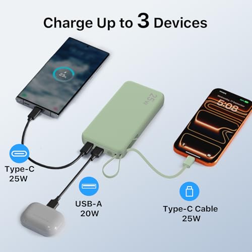 NOBIS Portable Charger 10000mAh 25W Power Bank with Built-in Cable - color: Green